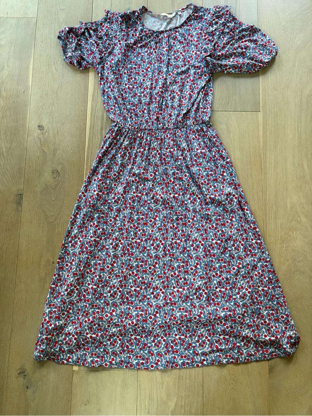 Boden Paisley Red Blue Floral Jersey Midi Dress spring summer comfort- 10 petite